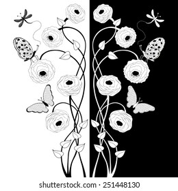 Black and white composition with flowers and butterflies