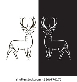 Black and white composition. Hand-drawn two Wapiti outlines. White and black reindeer silhouettes. Males or females caribou with large horns. Artiodactyl mammals. Deer family adult individuals.