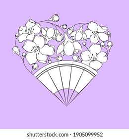 Black and white composition of Japanese cherry blossom twigs and fans, lilac background.  Template for valentine, romantic postcard, invitation, congratulations, any other design.