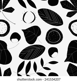 Black and white composition of leaves and chestnuts. Seamless. The finished composition for textile design. Wrapping paper, wallpaper.