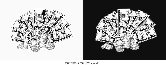 Black and white composition with US 100 dollar bills fan with stacks of coins, dollar sign. Cash money. Concept of success and luck. Illustration on black, white background.