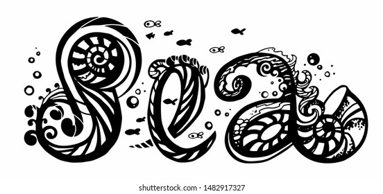 black and white composition. word sea written with stylization elements, fish, shells, seaweed, plastic lines