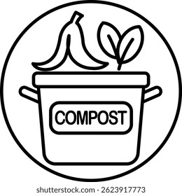 Ícone de composto preto e branco mostrando resíduos orgânicos com casca de banana e folhas em um recipiente rotulado para efeitos visuais de reciclagem ecológica.
