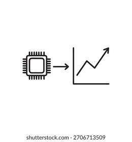 Black and white computer chip with arrow to growing graph icon vector illustration for computer science and data analytics