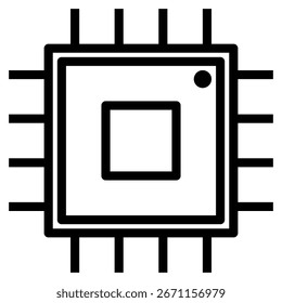 Das Computerchip-Symbol in Schwarz und Weiß, das in einem einfachen Zeichenstil dargestellt ist, stellt Computer- und Datenverarbeitungsanwendungen dar.