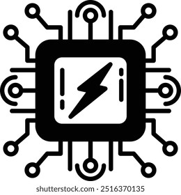 A black and white computer chip with a lightning bolt on it. The lightning bolt is a symbol of power and energy. Concept of technology and innovation