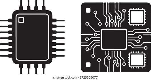 Blanco y negro de chips de computadora con pines y circuitos placa de circuito de microchip