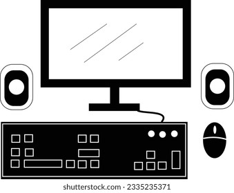 Black and White computer desktop set icon with monitor , mouse and keyboard