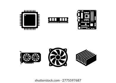 Black And White Computer Hardware Components Icon Set With Cpu Ram Motherboard Gpu Fan And Heatsink