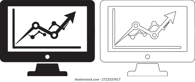 Iconos blancos y negros de la computadora con el gráfico para el concepto del negocio, estilo simple de la línea, diseño moderno, aislado en el fondo blanco, profesional