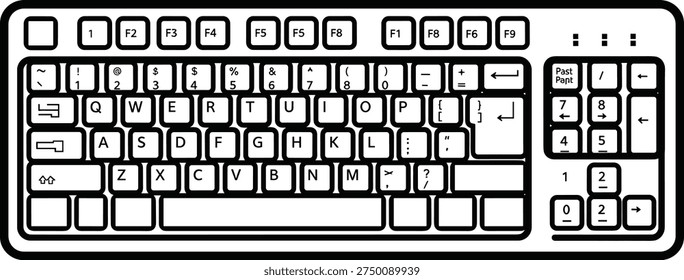 Black and white computer keyboard layout line drawing vector illustration with QWERTY keys, function row, numeric keypad, and control keys symbolizing technology, typing, and education.eps