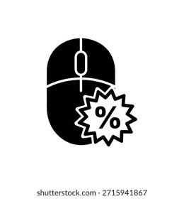 Icono de ratón de computadora en blanco y negro con símbolo de porcentaje que representa descuentos de venta en línea