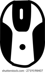 Icono de ratón de computadora en blanco y negro en estilo minimalista plano. Ilustración de silueta simple que representa tecnología, equipo de oficina, dispositivo digital y accesorios de computadora.