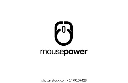 black white Computer Mouse with Power Button Logo Design Inspiration