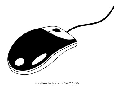 Black and white computer mouse with wheel and cable.