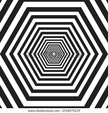 Black and white concentric hexagon pattern suitable for background designs, print materials, textiles, and modern graphic displays.