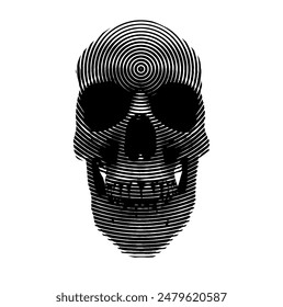  Black and white concentric line art human skull vector illustration. Hypnotic effect created by a series of concentric circles.