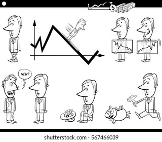 Black and White Concept Cartoon Illustration Set of Business Metaphors with Businessman Characters
