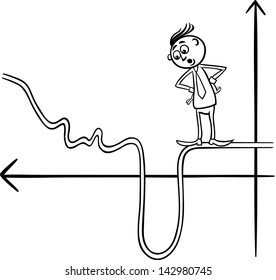 Black and White Concept Cartoon Vector Illustration of Man or Businessman Walking on Graph Curve
