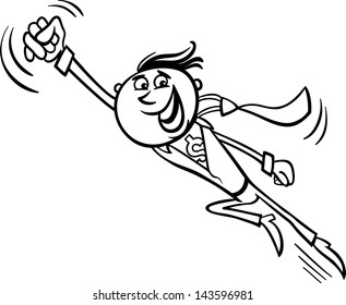 Black and White Concept Cartoon Vector Illustration of Happy Man or Businessman as Flying Superhero