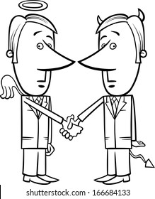 Black and White Concept Cartoon Vector Illustration of Angel and Devil Businessmen or Politicians Shaking Hands