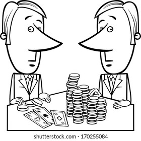 Black and White Concept Cartoon Vector Illustration of Two Businessmen or Politicians playing Poker