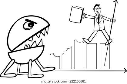 Black and White Concept Cartoon Vector Illustration of Businessman Fighting with Recession Monster