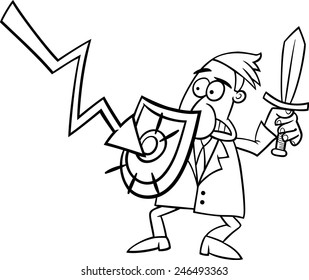Black and White Concept Cartoon Vector Illustration of Businessman fighting with Economic Crisis or Recession