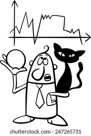 Black and White Concept Cartoon Vector Illustration of Funny Diviner Businessman with Black Cat and Crystal Ball