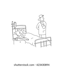 Black and White Concept Cartoon Vector Illustration of  patient in hospital on a drip