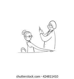 Black and White Concept Cartoon Vector Illustration of  doctor puts the girl vaccinated
