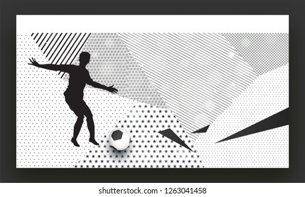 Black and white concept, silhouette of a soccer player in playing action on abstract background. Creative poster or banner design.