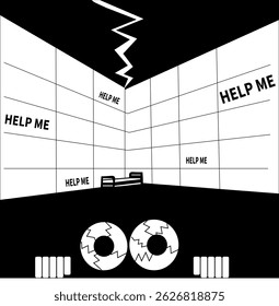 Black and white conceptual illustration showing a padded room with cracked eyes and repeated help me text on the walls symbolizing mental distress and psychological horror