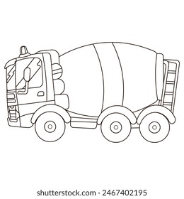 Black and white concerete mixer car truck for kids view from side, line art ilustration for coloring book or logo, icon design