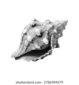 Black and white conch seashell illustration with halftone texture. Marine ocean shell isolated on light background in retro vintage style.