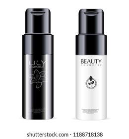 Black and white conditioner bottle cosmetics mockup set with glossy lid. Realistic cosmetic package design. Vector illustration.