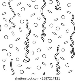 Black and white confetti ribbons seamless pattern for birthday, Purim and Mardi Gras carnival celebration design. Ink line vector repeat background in simple style