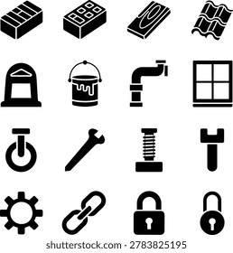 Black and White Construction and Building Material Icons Featuring Bricks Blocks Tools and Fasteners