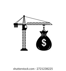 Black and white construction crane icon lifting money bag symbol of investment
