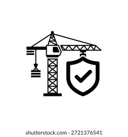 Icono de grúa de construcción en blanco y negro con escudo y marca de verificación