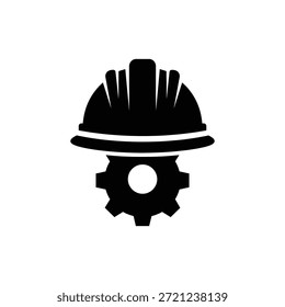Black and white construction hard hat icon placed on top of gear symbol