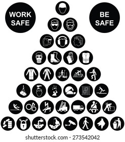 Black and white construction manufacturing and engineering health and safety related pyramid icon collection isolated on white background with work safe message