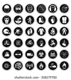 Black and white construction manufacturing and engineering health and safety related icon collection isolated on white background 