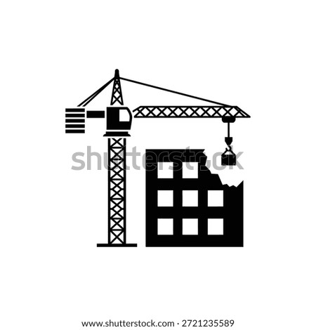 Black and white construction scene icon representing building and industrial work