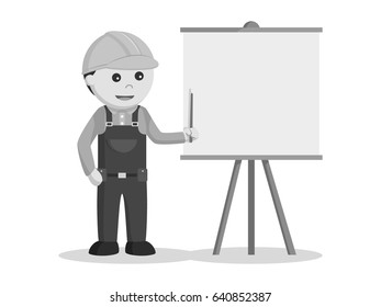 black and white construction worker giving presentation black and white style