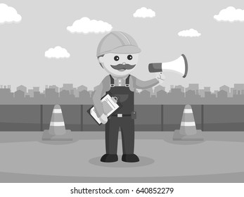 black and white construction worker holding clipboard and megaphone black and white style