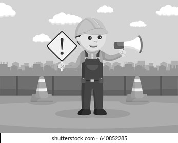 black and white construction worker holding warning sign and megaphone black and white style