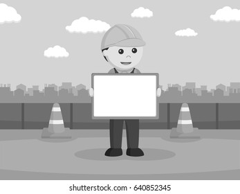 black and white construction worker holding whiteboard black and white style