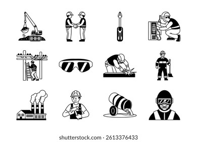 black and white construction and worker icon collection