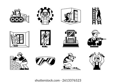 black and white construction and worker icon collection